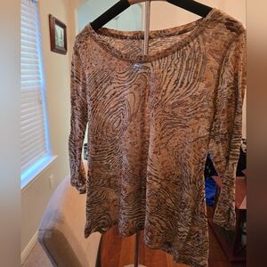 Elegant Brown Patterned Long Sleeve Top, Size XL